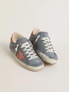 Super-Star da donna in nabuk blu con stella e linguetta sul tallone in pelle scamosciata rosa