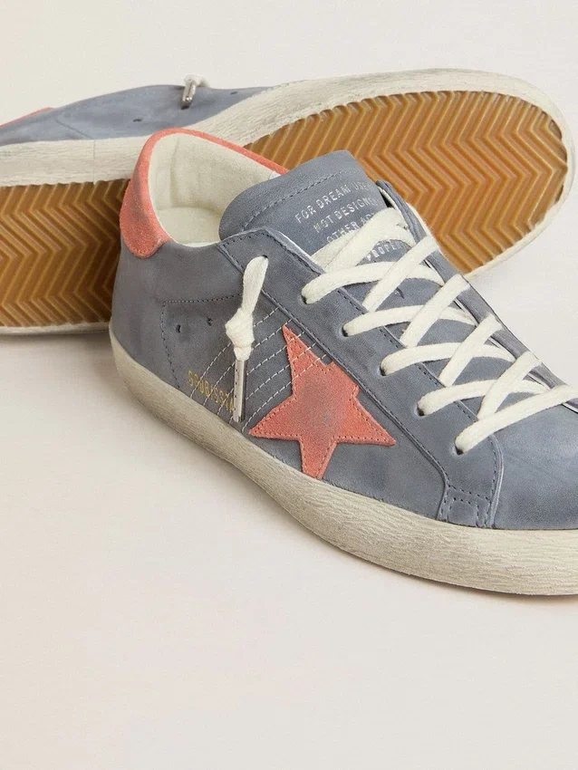 Super-Star da donna in nabuk blu con stella e linguetta sul tallone in pelle scamosciata rosa