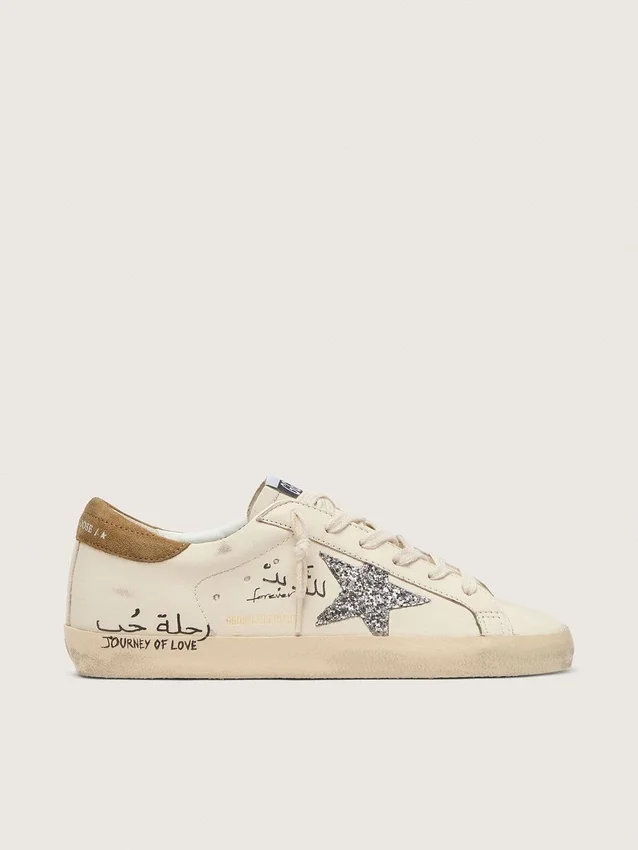 Super-Star da donna in nappa con stella glitterata argento e scritte su tutta la superficie