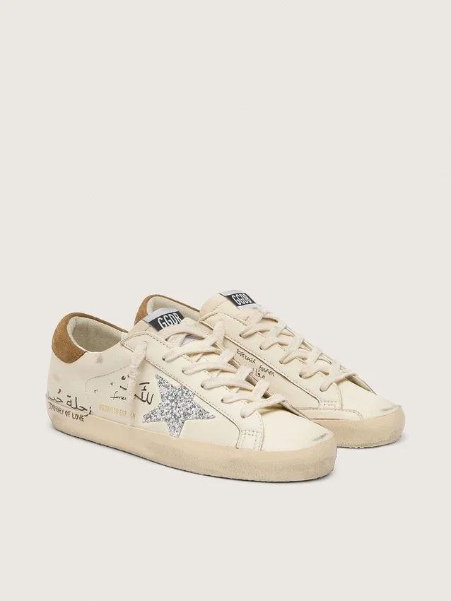 Super-Star da donna in nappa con stella glitterata argento e scritte su tutta la superficie