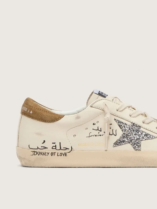 Super-Star da donna in nappa con stella glitterata argento e scritte su tutta la superficie