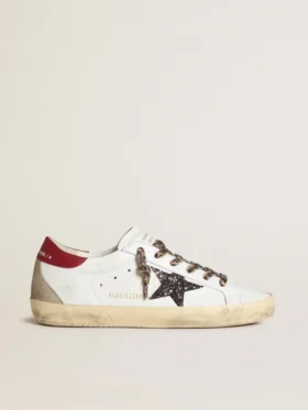 Super-Star da donna in nappa con stella glitterata e linguetta sul tallone in nappa rossa