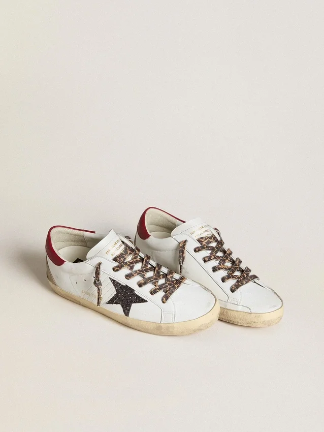 Super-Star da donna in nappa con stella glitterata e linguetta sul tallone in nappa rossa