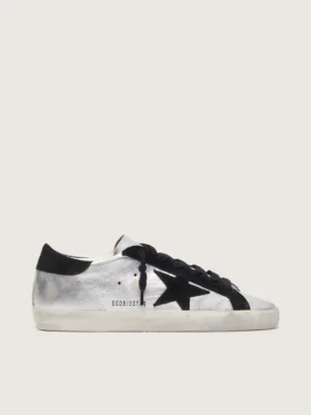Super-Star da donna in pelle argentata con inserti a contrasto