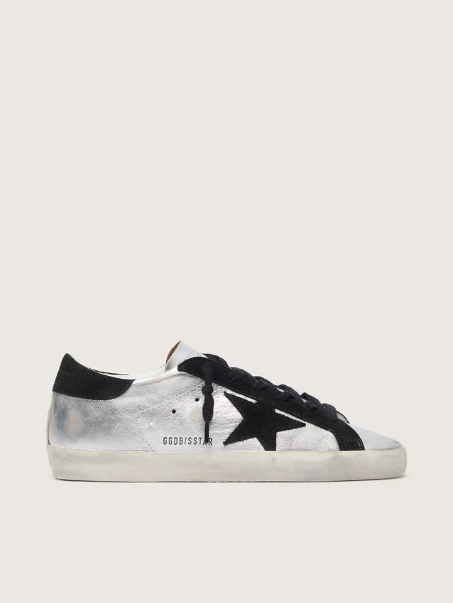 Super-Star da donna in pelle argentata con inserti a contrasto