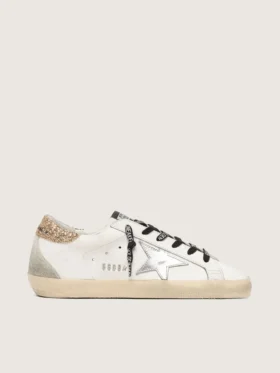 Super-Star da donna in pelle bianca con linguetta sul tallone glitterata