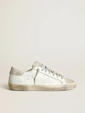 Super-Star da donna in pelle bianca con stella traforata e linguetta sul tallone in nabuk beige