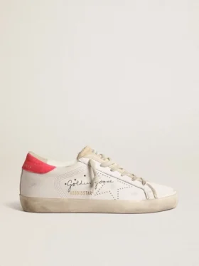 Super-Star da donna in pelle bianca con stella traforata e linguetta sul tallone in nylon fucsia