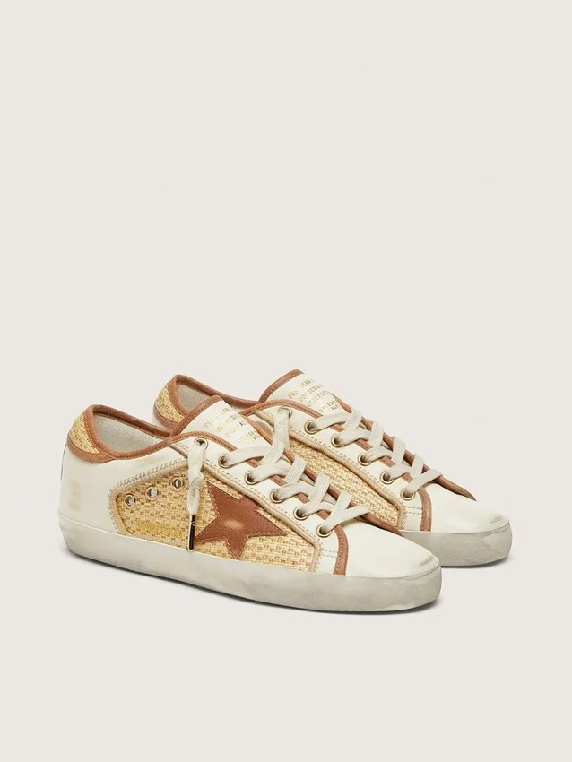 Super-Star da donna in pelle bianca e rafia con stella e inserti rosso mattone