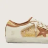 Super-Star da donna in pelle bianca e rafia con stella e inserti rosso mattone