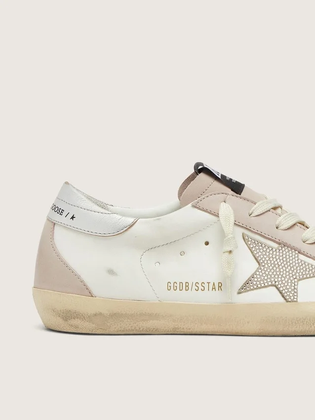 Super-Star da donna in pelle bianca e rosa cipria con stella in cristallo Swarovski argento