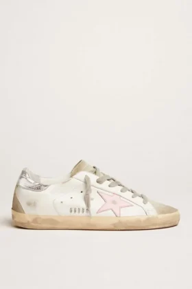 Super-Star da donna in pelle con stella rosa e linguetta sul tallone argentata