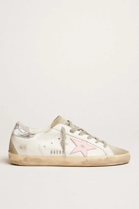 Super-Star da donna in pelle con stella rosa e linguetta sul tallone argentata