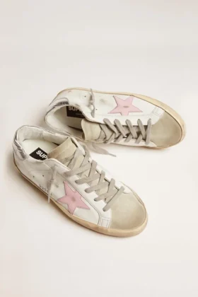 Super-Star da donna in pelle con stella rosa e linguetta sul tallone argentata