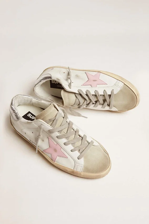 Super-Star da donna in pelle con stella rosa e linguetta sul tallone argentata