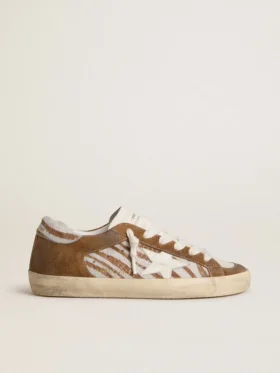 Super-Star da donna in pelle di cavallino con stampa zebrata, stella in pelle e inserti in pelle scamosciata marrone