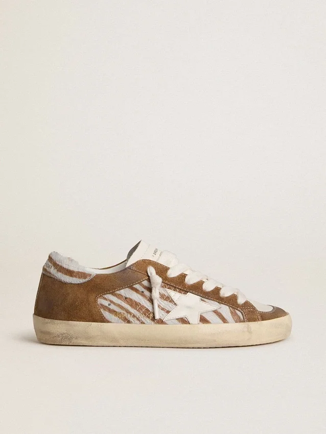 Super-Star da donna in pelle di cavallino con stampa zebrata, stella in pelle e inserti in pelle scamosciata marrone