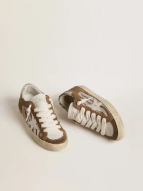 Super-Star da donna in pelle di cavallino con stampa zebrata, stella in pelle e inserti in pelle scamosciata marrone