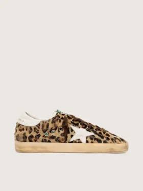Super-Star da donna in pelle di pony con stampa leopardata, stella in pelle e linguetta sul tacco