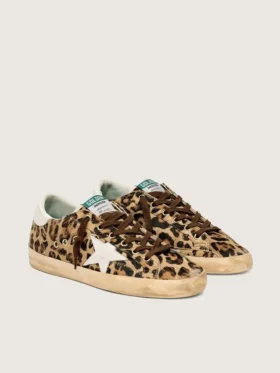 Super-Star da donna in pelle di pony con stampa leopardata, stella in pelle e linguetta sul tacco