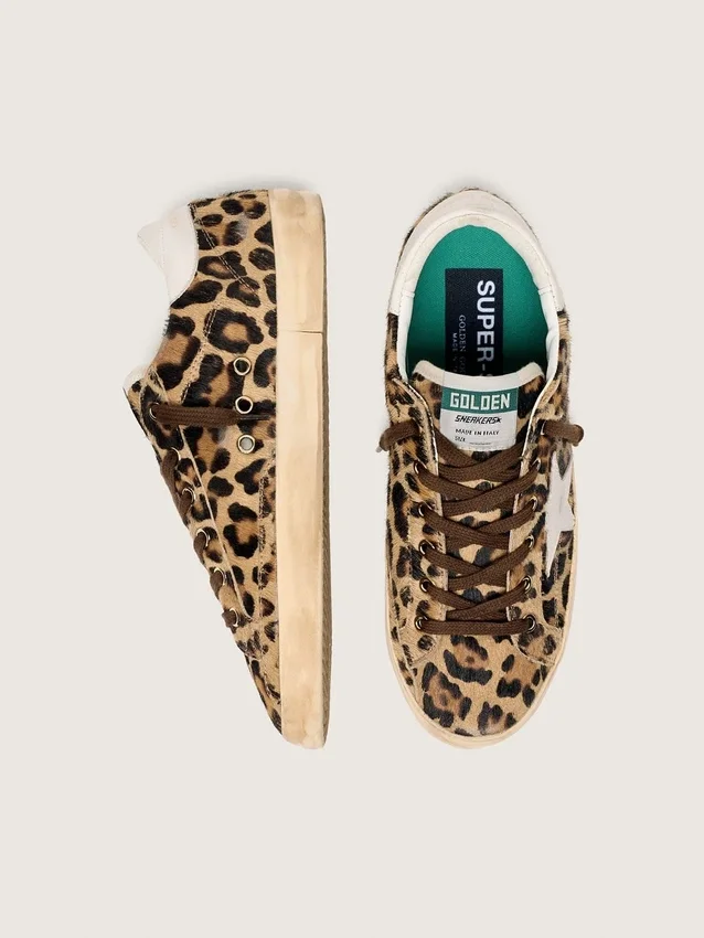 Super-Star da donna in pelle di pony con stampa leopardata, stella in pelle e linguetta sul tacco