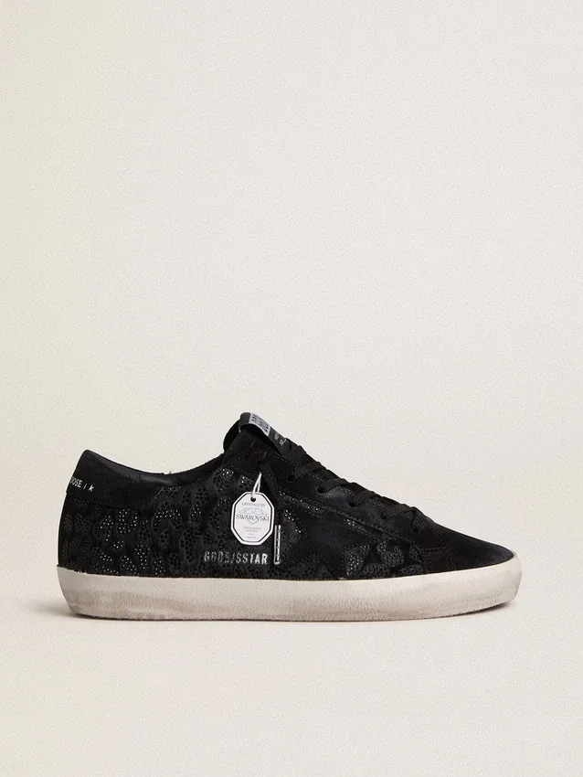 Super-Star da donna in pelle di pony nera con cristalli Swarovski neri e stella in pelle scamosciata nera