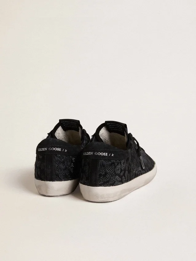 Super-Star da donna in pelle di pony nera con cristalli Swarovski neri e stella in pelle scamosciata nera