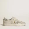 Super-Star da donna in pelle nappa avorio con stella glitterata platino e linguetta sul tallone