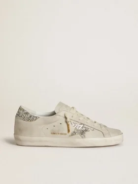 Super-Star da donna in pelle nappa avorio con stella glitterata platino e linguetta sul tallone