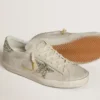 Super-Star da donna in pelle nappa avorio con stella glitterata platino e linguetta sul tallone