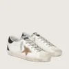 Super-Star da donna in pelle nappa con stella glitterata dorata e linguetta sul tallone nera glitterata