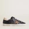 Super-Star da donna in pelle nappa nera con stella in pelle di pony con stampa zebrata e linguetta sul tallone in pelle beige