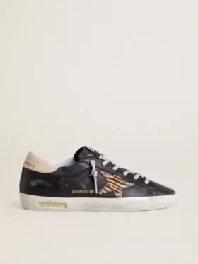 Super-Star da donna in pelle nappa nera con stella in pelle di pony con stampa zebrata e linguetta sul tallone in pelle beige