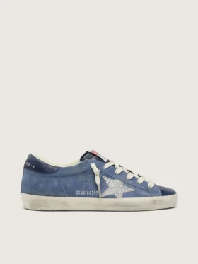 Super-Star da donna in pelle scamosciata blu denim con stella argentata glitterata