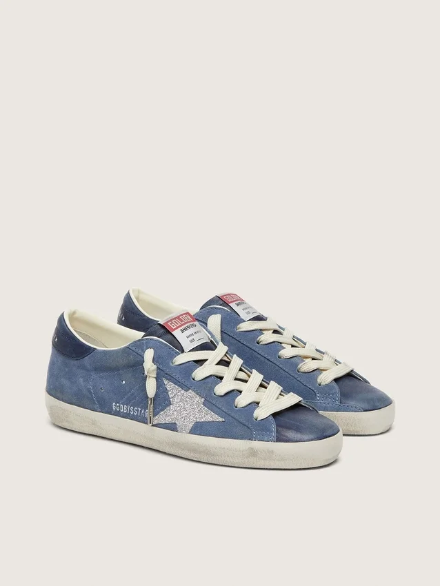 Super-Star da donna in pelle scamosciata blu denim con stella argentata glitterata
