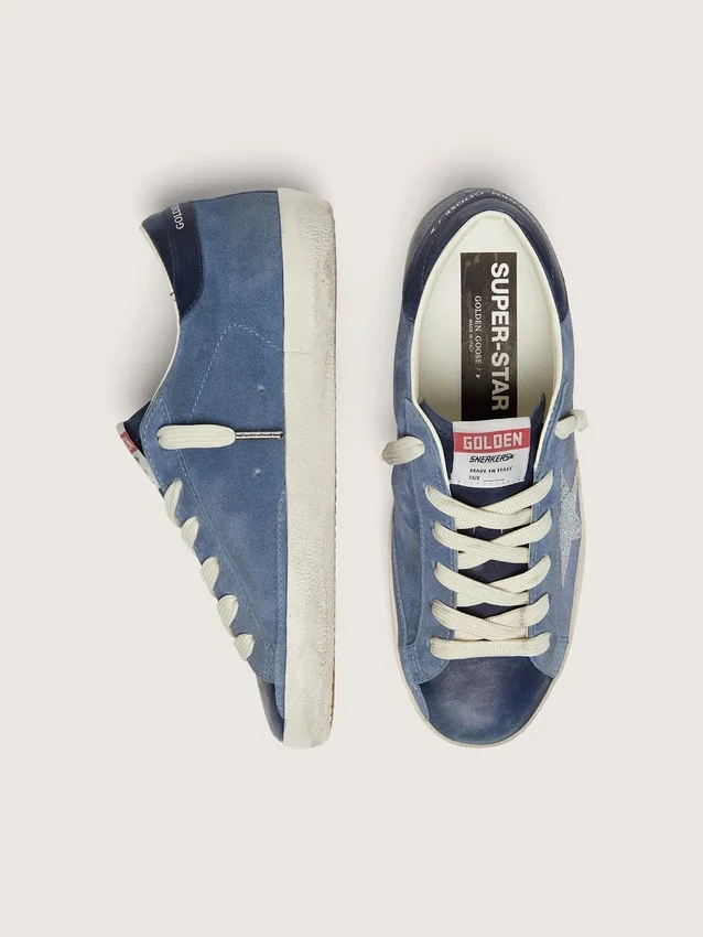 Super-Star da donna in pelle scamosciata blu denim con stella argentata glitterata