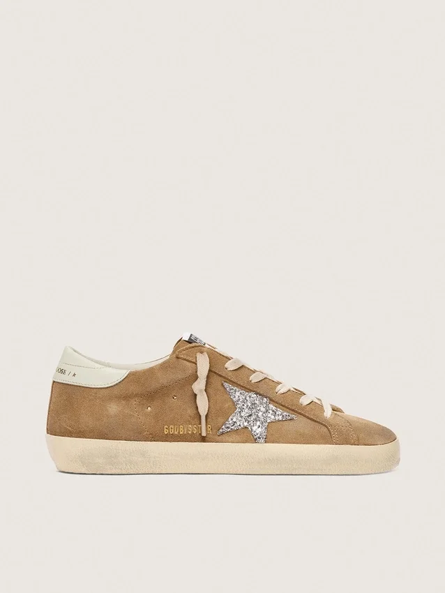 Super-Star da donna in pelle scamosciata color tabacco con stella glitterata argento