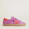 Super-Star da donna in pelle scamosciata fucsia con stella e linguetta sul tallone in pelle laminata arancione fluorescente