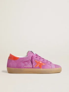 Super-Star da donna in pelle scamosciata fucsia con stella e linguetta sul tallone in pelle laminata arancione fluorescente