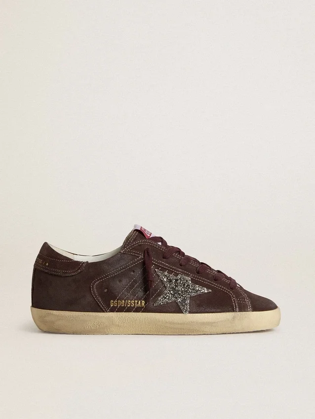 Super-Star da donna in pelle scamosciata marrone con stella glitterata argento