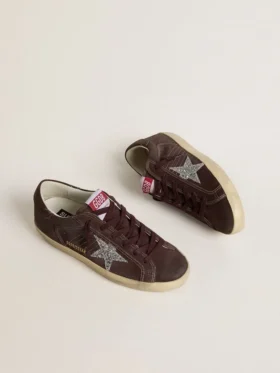Super-Star da donna in pelle scamosciata marrone con stella glitterata argento
