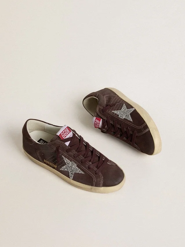 Super-Star da donna in pelle scamosciata marrone con stella glitterata argento