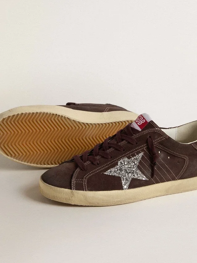 Super-Star da donna in pelle scamosciata marrone con stella glitterata argento