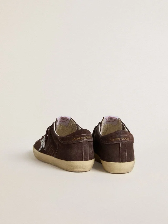 Super-Star da donna in pelle scamosciata marrone con stella glitterata argento
