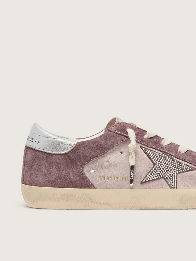 Super-Star da donna in pelle scamosciata rosa pallido con stella in pelle scamosciata e linguetta del tacco color platino