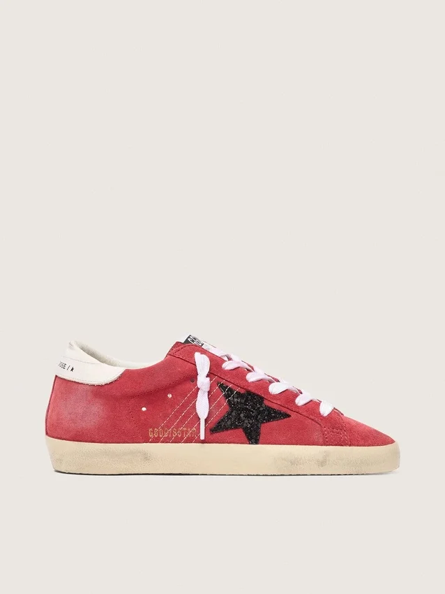 Super-Star da donna in pelle scamosciata rossa con stella glitterata e linguetta bianca sul tallone