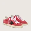 Super-Star da donna in pelle scamosciata rossa con stella glitterata e linguetta bianca sul tallone