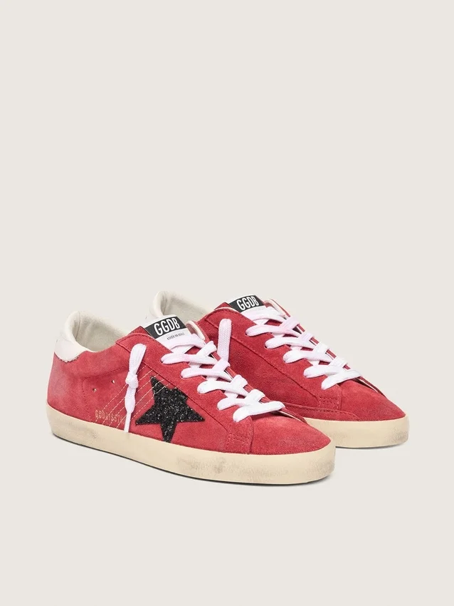 Super-Star da donna in pelle scamosciata rossa con stella glitterata e linguetta bianca sul tallone