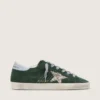 Super-Star da donna in pelle scamosciata verde, con stella glitterata argento e linguetta in pelle sul tallone