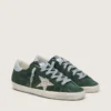 Super-Star da donna in pelle scamosciata verde, con stella glitterata argento e linguetta in pelle sul tallone